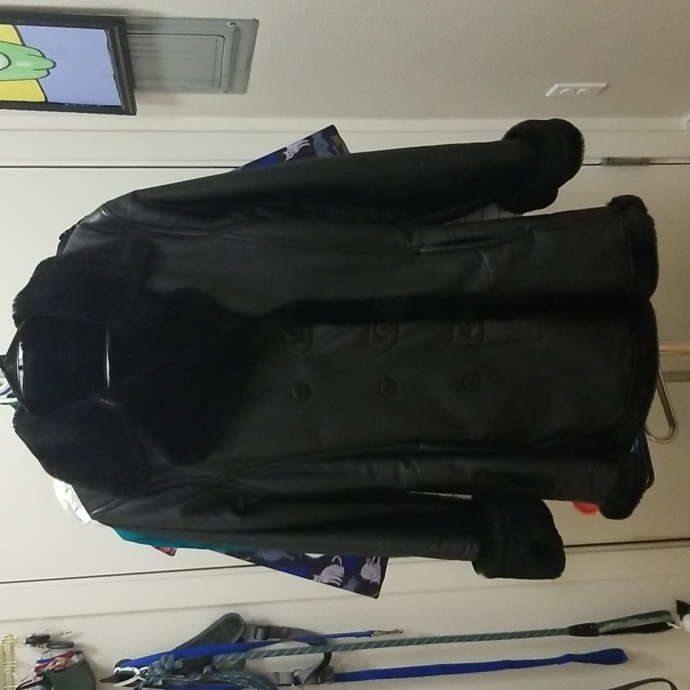 Real black leather jacket with faux fur trim